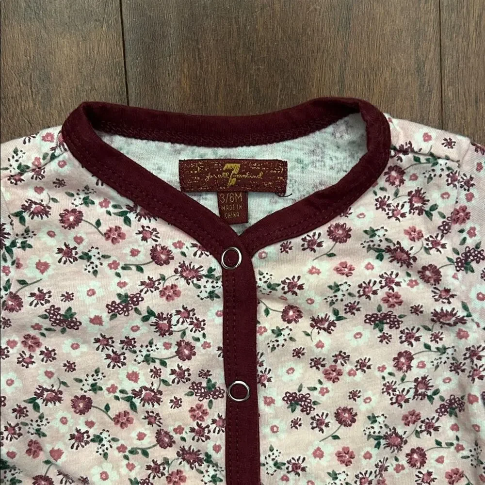 7 For All Mankind Floral Burgundy Kids Footie One Piece, Size 3-6 Months